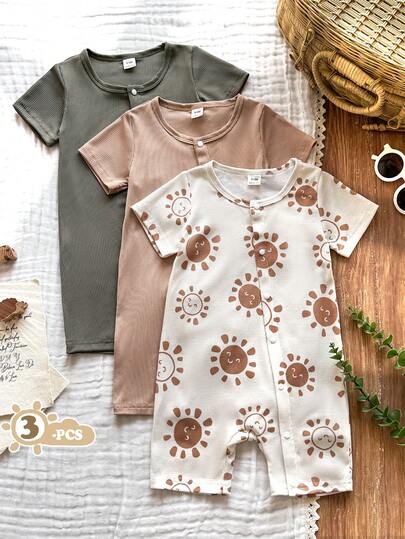 SHEIN Vintaside Kids 3件套新生男宝宝休闲条纹印花连体衣，春夏款