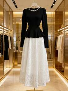 SHEIN Franclia فستان أنيق باللونين الأسود والأبيض بتصميم تكتيل الألوان وتفاصيل من الدانتيل والخرز على الهامة، بطراز فرنسي، للربيع المبكر - الأسود - مشاهدة 1