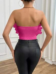 Firerie Women's Fashionable Solid Color Exaggerated Ruffle Bandeau Bodysuit, Summer - Hot Pink - View 2