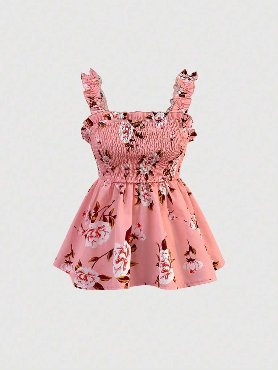 SHEIN PETITE Petite Women's Floral Print Shirred Chest Casual Versatile Tank Top, Spring/Summer - Pink - View 1