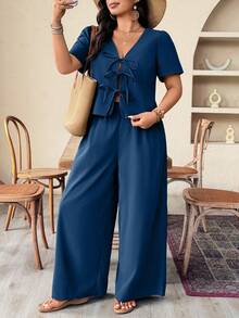 EMERY ROSE Plus Size Summer Solid Color Front Tie Backless Top And Pants 2 Pieces Set Women Vacation Outfit Sets Pant Suit Summer Sets - Teal Blue - View 6