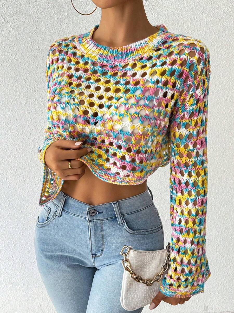 Chiquease Fashionable Colorful Hollow-Out Knit Cropped Sweater - Multicolor - View 1