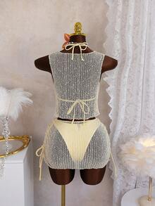 Zestiva-D Women's Summer Soft Yellow Hazy Special Fabric Mesh Layered Swimwear Set, Slouchy Ruffled Collar Design Top & Bottom, Skin-Tight Inner Set, Gentle & Spicy Style, Beach Resort Swimwear Set Women Vacation Outfit Sets Baecation Outfits Pr Vacation Outfits - Light Yellow - View 2