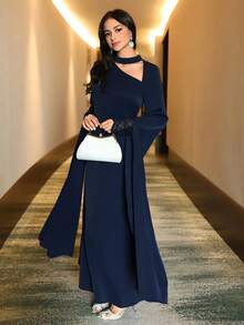 Modelyn Women's Elegant Solid Color Asymmetric Neckline Long Sleeve Dress - Navy Blue - View 4