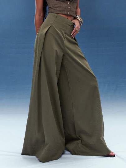 Normani 高腰褶裥侧开衩阔腿束口办公裤