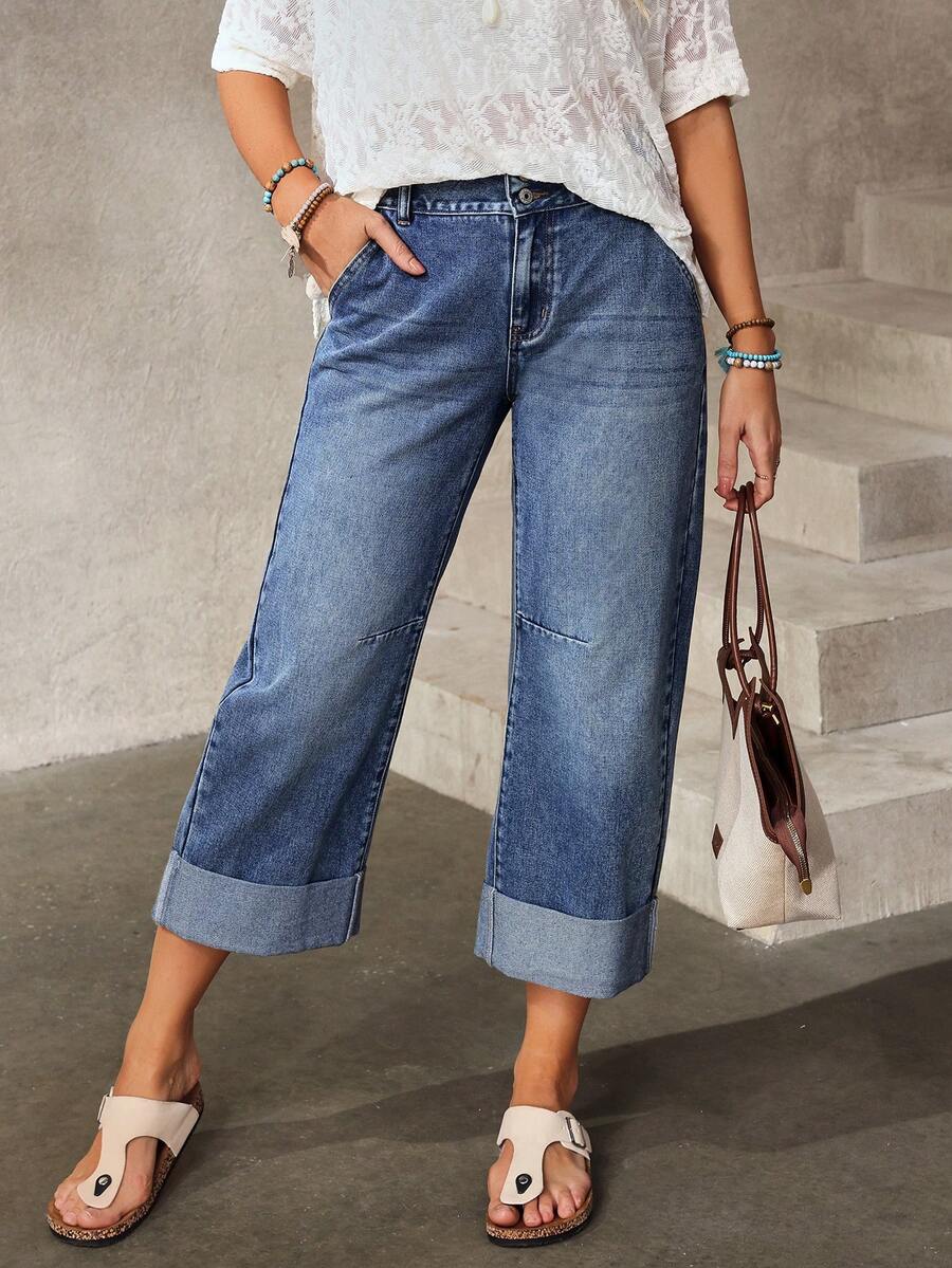 EMERY ROSE Women's Casual Versatile Solid Color Cropped Jeans With Slant Pockets - Blue - View 1