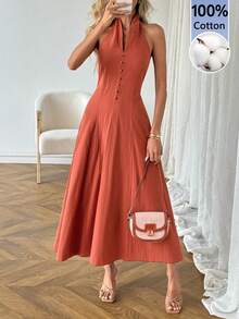 SHEIN LUNE 女士休闲纯色无袖长连衣裙，适合春夏度假、日常通勤和时尚穿着。 - 紅木色 - 查看 3