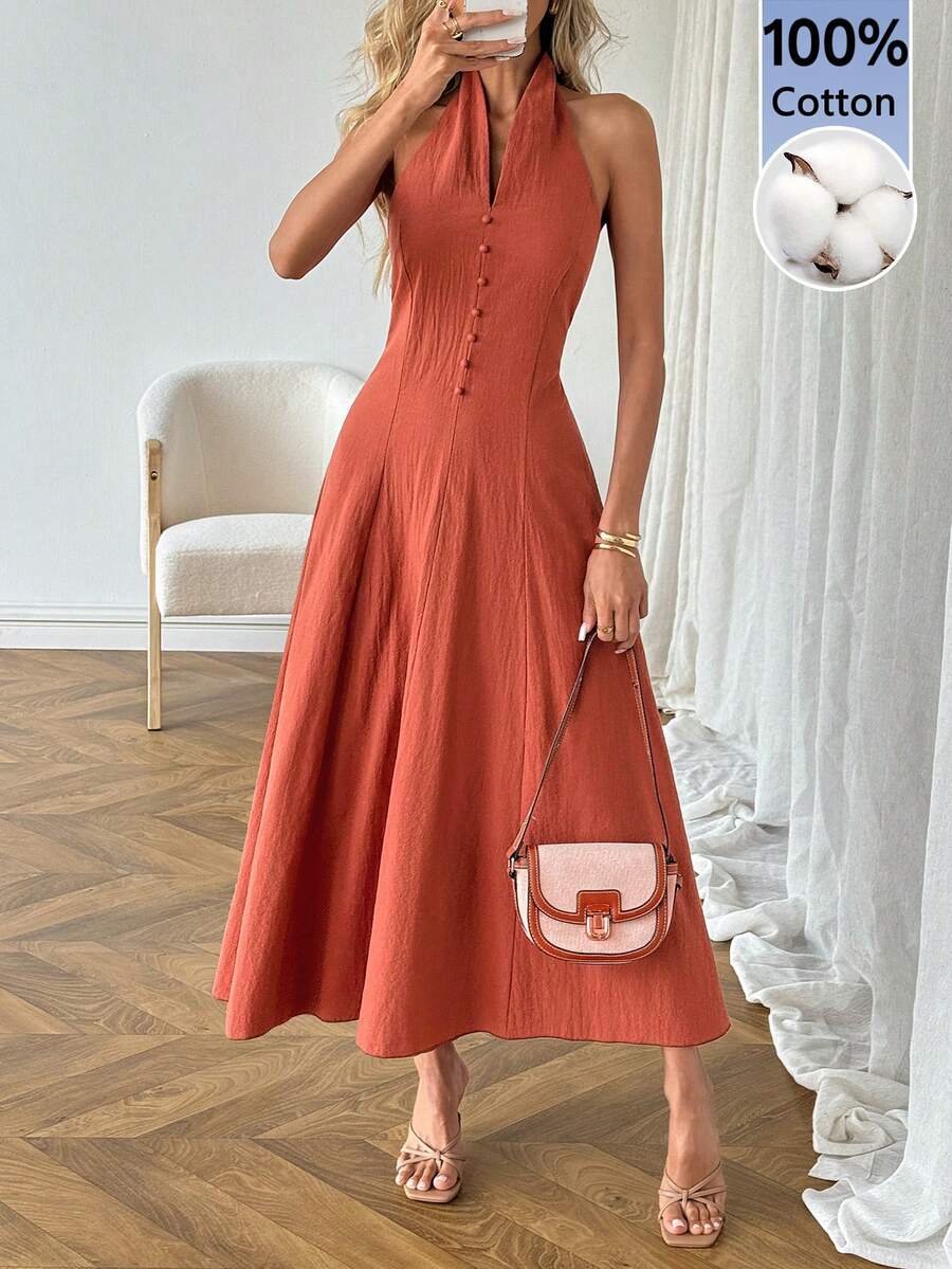 SHEIN LUNE 女士休闲纯色无袖长连衣裙，适合春夏度假、日常通勤和时尚穿着。 - 紅木色 - 查看 1