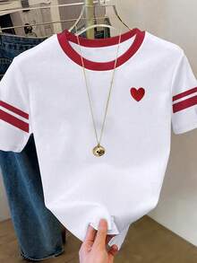 Resyla Plus Size Embroidered Heart Contrast Trim Round Neck Short Sleeve Casual T-Shirt - White - View 4