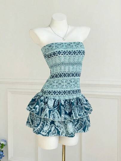 Elamini Đầm ngắn cúp ngực họa tiết Paisley, thích hợp cho kỳ nghỉ thường ngày.