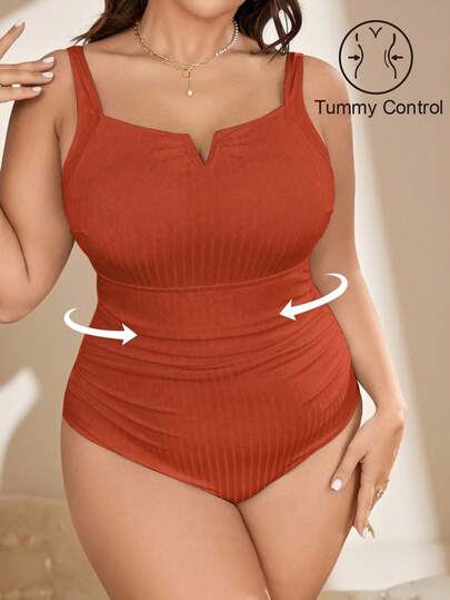 Shapewave 2026 New Plus Size Women Ruched Solid Color Casual Spaghetti Strap One-Piece Swimsuit