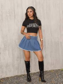 女士褶皺和毛邊丹寧裙 - 淺色水洗藍 - 查看 4