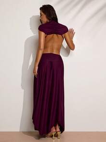 SHEIN BAE 女士纯色V领镂空荷叶边性感约会派对连衣裙 - 紫色 - 查看 2