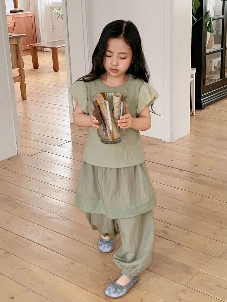 Young Girl Summer Casual Contrast Color T-Shirt And Jogger Pants Set