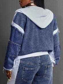 Slaydiva Plus Size Autumn Fashion Color Block Hooded Denim Jacket With Rhinestone Decor  Women Jean Jackets - Blue - View 2