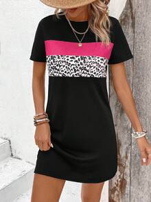 EMERY ROSE Women's Summer Casual Beach Vacation Leopard Print Patchwork Contrast Color Short Sleeve T-Shirt Dress - Multicolor - View 3