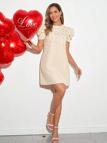 Amorya 夏季优雅女士杏色双色珍珠装饰泡泡袖收腰A字短袖迷你连衣裙 - 杏色 - 查看 5