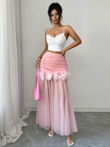 Elenzga 优雅法式浪漫西西里褶裥花卉装饰粉色喇叭中长裙，春夏款 - 粉色 - 查看 4