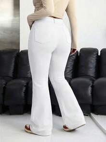 SHEIN ICON 大码女式高腰口袋休闲百搭喇叭牛仔裤 - 白色 - 查看 2