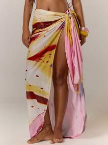 Musera Resort 网纱透视花卉印花系带长款沙滩裙罩衫泳装度假夏季波西米亚风可爱性感简约优雅披肩休闲沙滩裹裙旅行日常花卉派对 - 粉色 - 查看 2