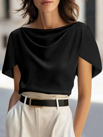 Balvessa Women's Casual Everyday Commute Loose Fit Solid Color Batwing Sleeve Boat Neck T-Shirt, Summer