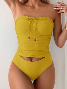 Swim Lushoire Women's Summer Vacation Elegant Versatile Fitted Ruched Bandeau Tankini Set - Yellow - View 3
