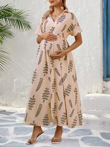 SHEIN Maternity Fashion Floral Print Collared Dress - Apricot - View 6