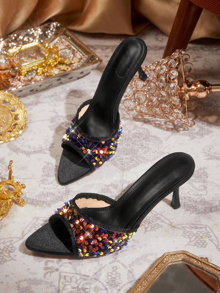 CUCCOO TILAWA Women Shoes Classic Simple Fashion Sexy High Heel Sandals Shiny Sequin Banquet Party Dance Sexy Wear Mule Women's Shoes High Heel Sandals Valentine's Day Summer Shoes