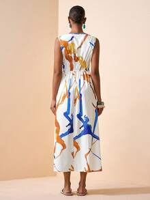 Zivah Novo Lançamento Primavera/Verão 2026, Vestido Elegante com Decote em V e Sem Mangas, Alças com Contas, Cintura Franzida, Vestido Longo Estampado em Linha A, Adequado para Dia dos Namorados, Casamento, Festival de Música, Páscoa, Estilos Western, Nômade, Boho, Nashville, Festa, Casamento, Noite, Encontro, Reunião, Trabalho, Casual Elegante - Multicolorido - Visão 3