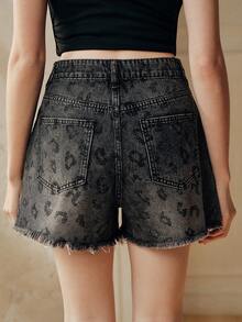 Anewsta Summer Casual Leopard Print Rhinestone Frayed Hem Denim Shorts - Grey - View 6