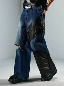 ROMWE MEN Street Life Men's Pockets Loose Wide Leg Jeans With PU Leather Patchwork - Blue - View 6