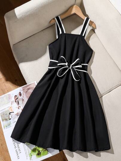 Oversized Tween Girls' Casual Minimalist Black & White Contrast Bow Strap Dress, Loose & Comfortable, Suitable For Spring, Summer, Autumn, Daily Wear, Birthday Parties, Campus Activities, Family Gatherings, Formal Occasions