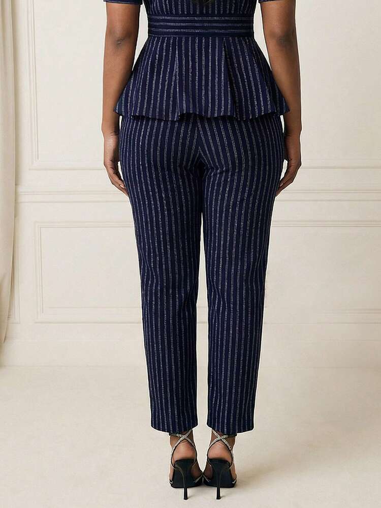 Women's Elegant Navy Blue Glitter Striped Pencil Stripe Pants Business Casual Pants