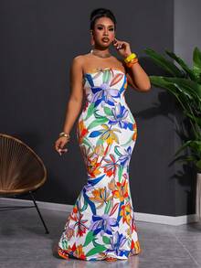 Slaydiva Áo ống rộng phong cách thường ngày, chân váy maxi đuôi cá in hoa, kiểu dáng ôm sát, thích hợp cho kỳ nghỉ, dành cho nữ - C - Nhiều màu - Xem 4
