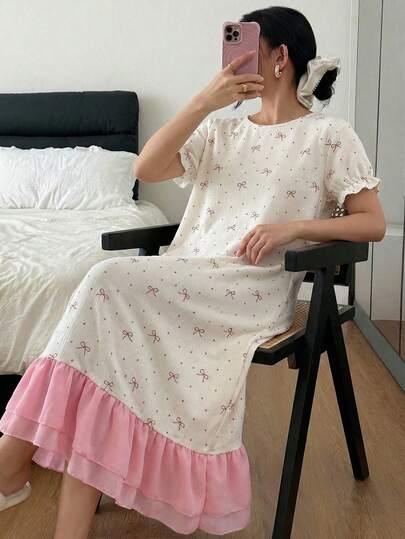 Girls' Minimalist Cute Bow Decor Short Sleeve Long Nightgown Loungewear Sleep Wear Kids Girls Dress Little Girl Night Gown Little Girl Summer Pajamas Girls Pajama Dress Pajamas Dress Bow Print Dress Sleepwear