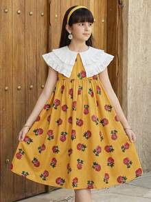 SHEIN Tween Girl Golden Yellow Rose Floral Print Patchwork Ruffle Collar Sleeveless A-Line Dress,Summer Elegant Party Girls Matching Outfits Sisters Style - Yellow - View 1