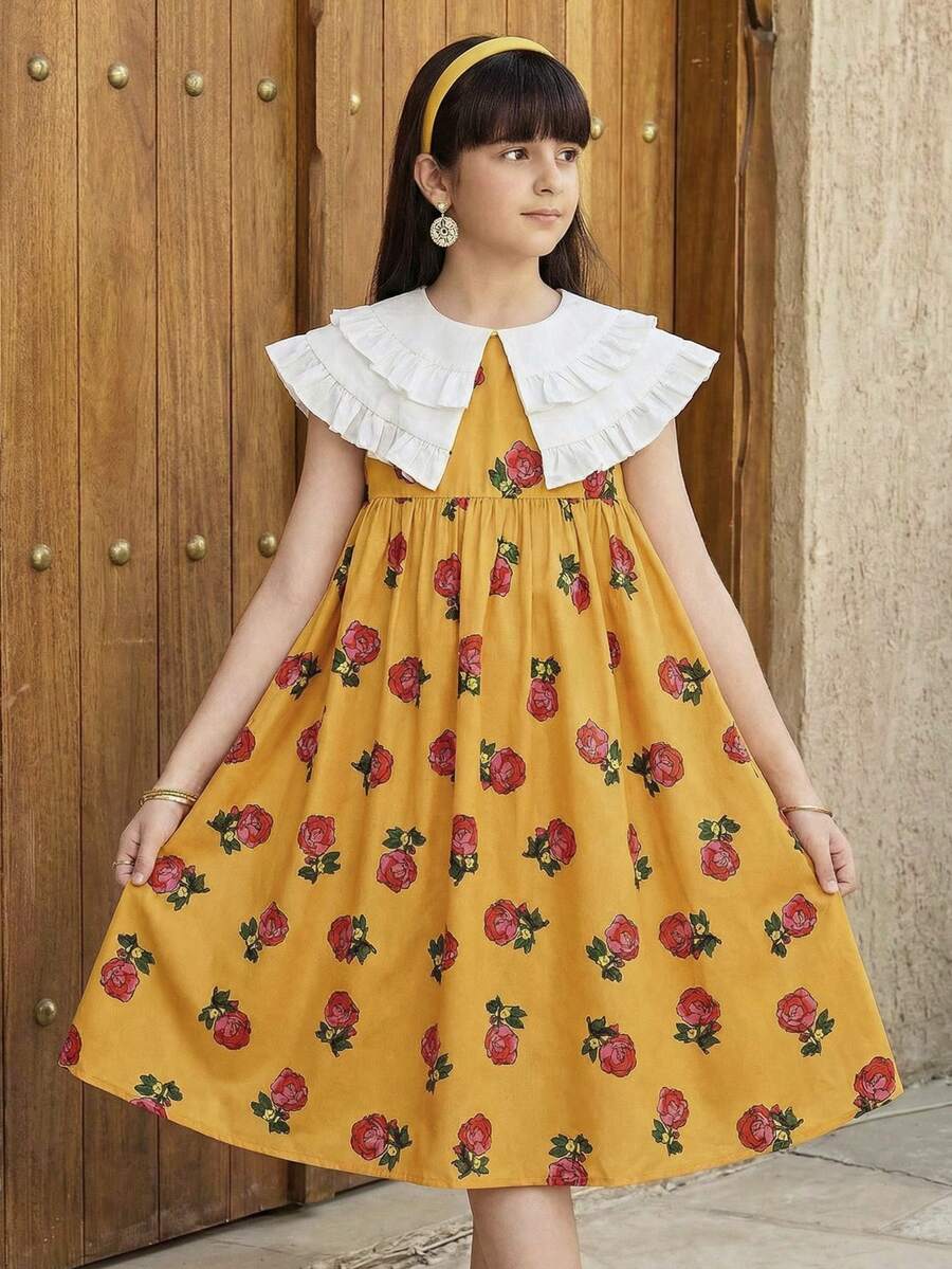 SHEIN Tween Girl Golden Yellow Rose Floral Print Patchwork Ruffle Collar Sleeveless A-Line Dress,Summer Elegant Party Girls Matching Outfits Sisters Style - Yellow - View 1
