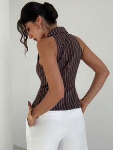 Firerie Women's Elegant Minimalist Commuter Urban Chic Casual Daily Fashion New Retro Lapel Brown Striped Waist Sleeveless Blazer Vest - Brown - View 8