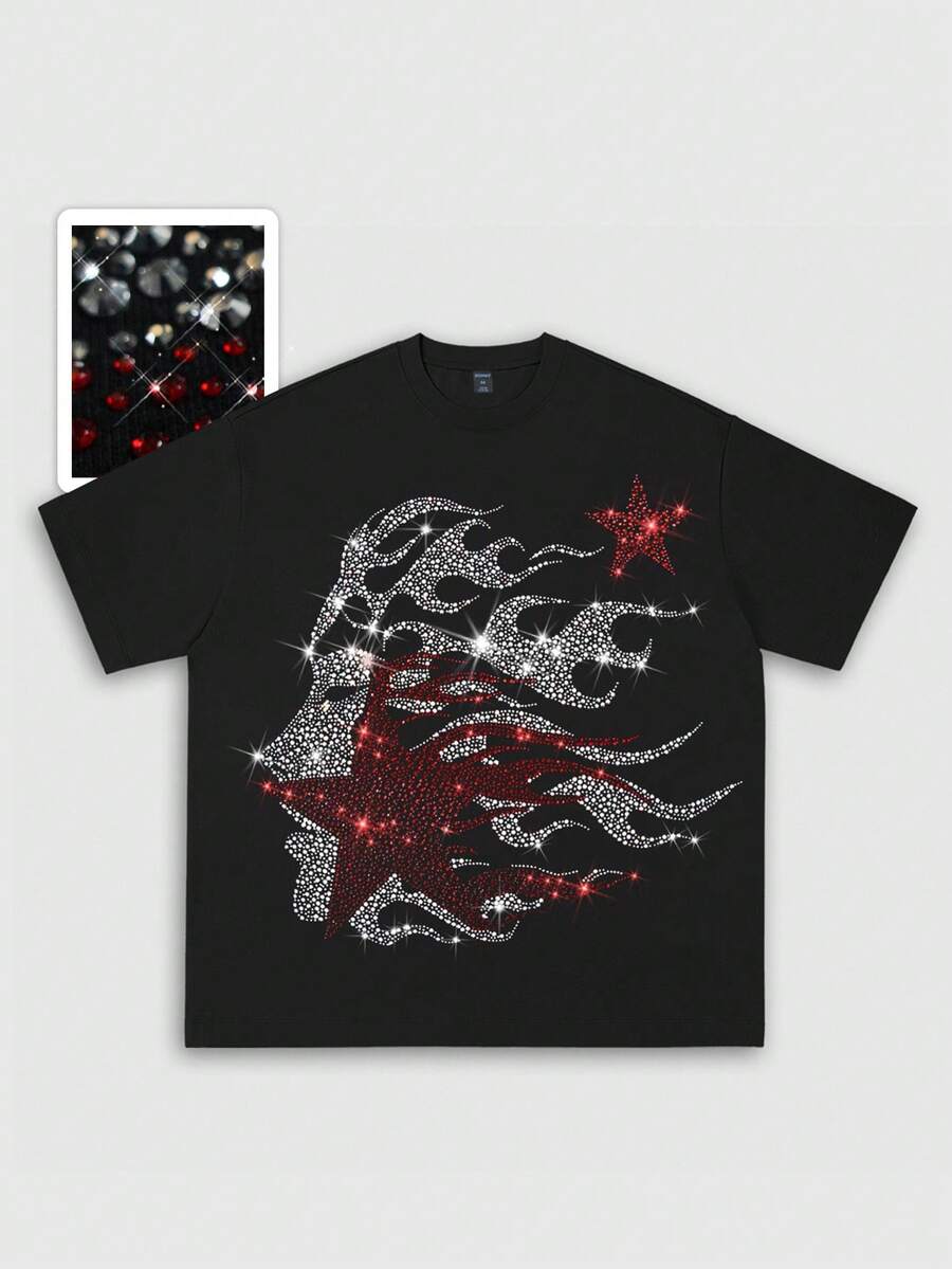 ROMWE MEN Street Life 男士时尚水钻装饰街头风格短袖 T 恤，夏季，狂欢