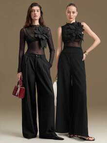 Ontre 2026春夏女装上衣，优雅婚礼风格，四向弹力网纱面料，3D立体花卉设计，现代都市风，黑色3D立体花卉图案，立领，无袖，女式上衣，女式T恤，音乐节，黑色，商务休闲办公装，低调复古风，高品质，机场时尚，高端面料，情人节女士优雅正式礼服 - 米色 - 查看 3