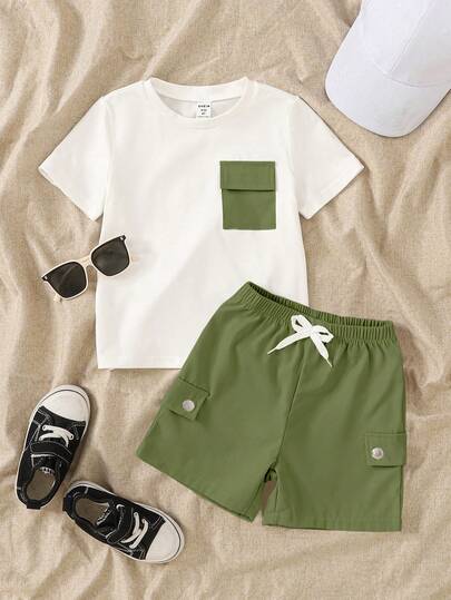 SHEIN Genkimix Kids 2pcs/Set Young Boy Round Neck Short Sleeve Pocket T-Shirt And Shorts Casual Outfit