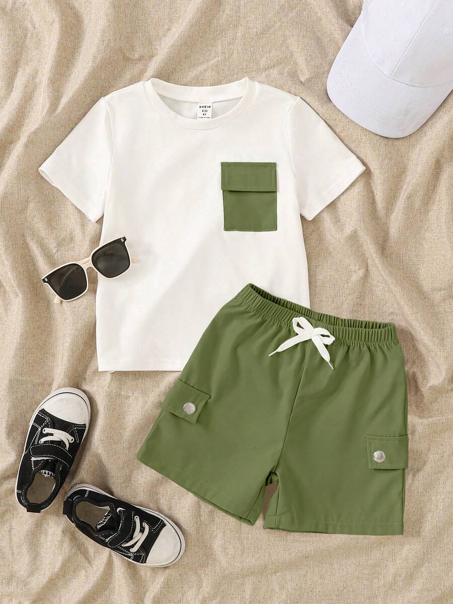 SHEIN Genkimix Kids 两件套男童圆领短袖口袋T恤和短裤休闲套装 - 軍綠色 - 查看 1