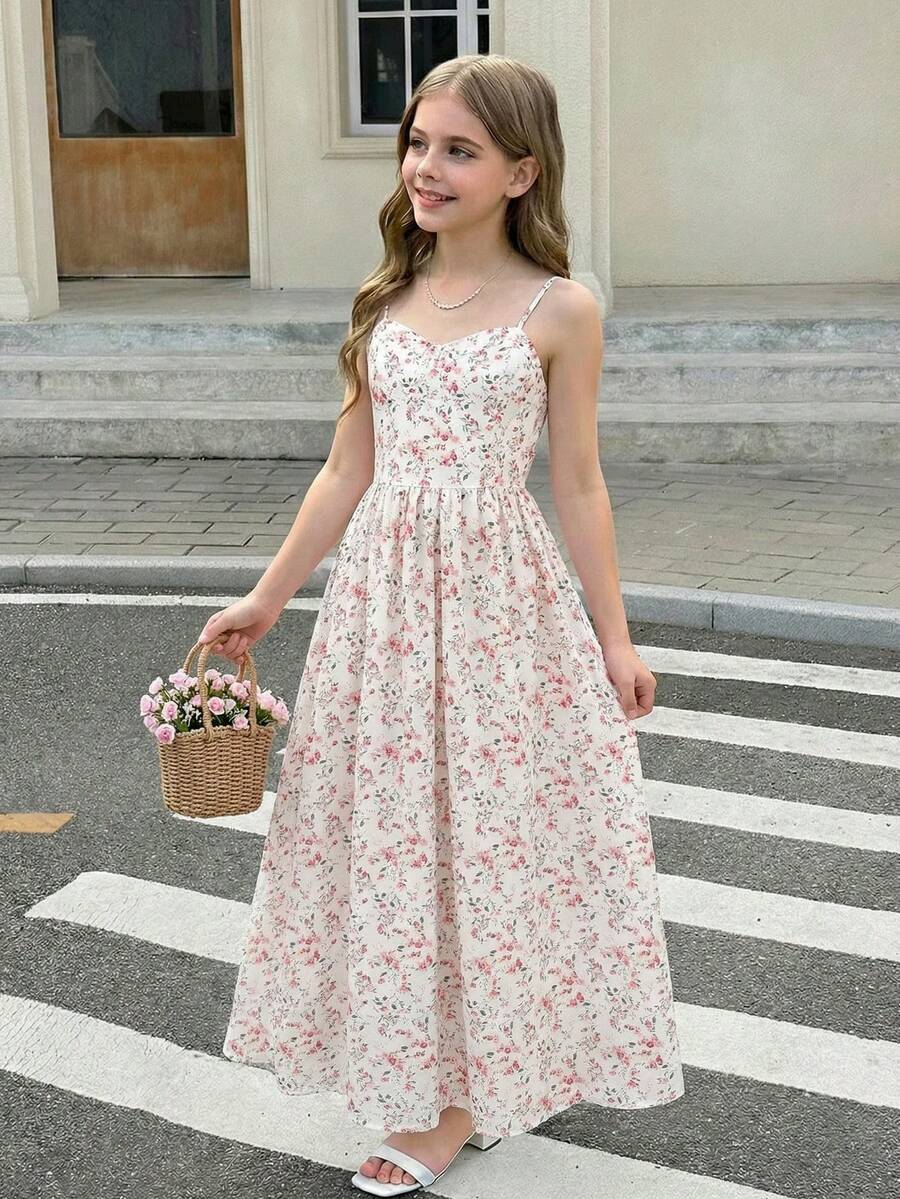 SHEIN 少女甜美粉色碎花吊带中长连衣裙
