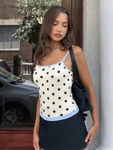 MainGRL Women's Summer 2026 New Casual Beach Vacation Style Daily Commute Polka Dot Print Contrast Trim Fitted Camisole - White - View 4