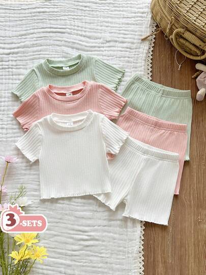 SHEIN Vintaside Kids Set de 6 piezas de top de manga corta de punto de unicolor y shorts de cintura elástica casual para niña bebé