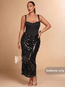 SHEIN BAE Chân váy sequin trơn màu thanh lịch dành cho nữ cỡ lớn, thích hợp cho đầu thu. - màu đen - Xem 4
