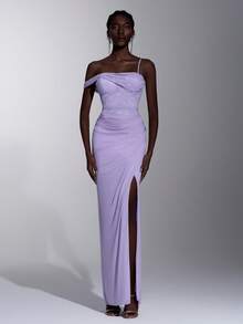 Elitara Robe de soirée maxi élégante et luxueuse pour femmes, en dentelle violette avec patchwork, tricot élastique, bretelle ajustable à une épaule, fente sexy haute - Mauve - Voir 8