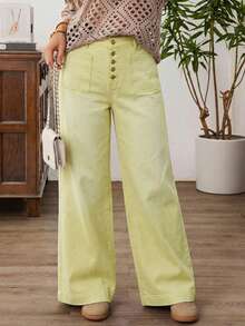 EMERY ROSE Plus Size Women Loose Casual Denim Wide Leg Jeans With Button Front Pockets - Yellow - View 1