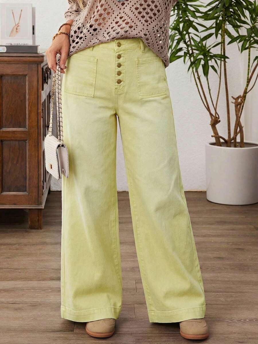 EMERY ROSE Plus Size Women Loose Casual Denim Wide Leg Jeans With Button Front Pockets - Yellow - View 1