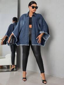 Slaydiva Plus Size Casual Washed Frayed Zip-Up Denim Jacket, Autumn - Blue - View 5